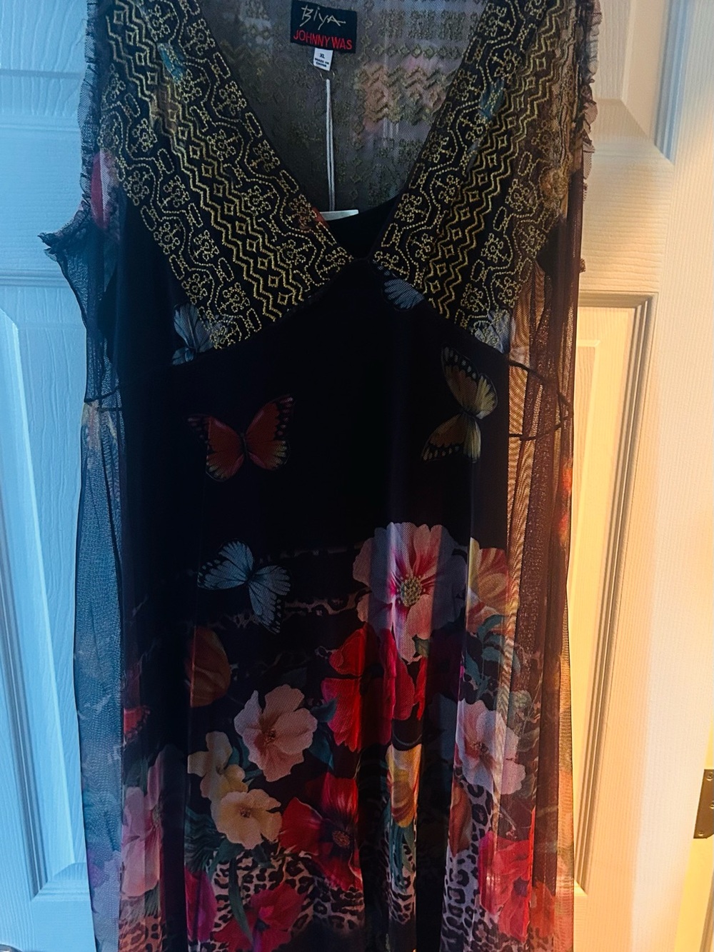 Johnny Was Black Sheer Floral & Butterfly Maxi Dress with Gold Embroidered Yoke
